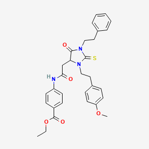 Ethyl 4-[({3-[2-(4-methoxyphenyl)ethyl]-5-oxo-1-(2-phenylethyl)-2-thioxoimidazolidin-4-yl}acetyl)amino]benzoate