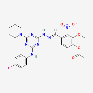 molecular formula C24H25FN8O5 B15042266 4-[(E)-(2-{4-[(4-fluorophenyl)amino]-6-(piperidin-1-yl)-1,3,5-triazin-2-yl}hydrazinylidene)methyl]-2-methoxy-3-nitrophenyl acetate 