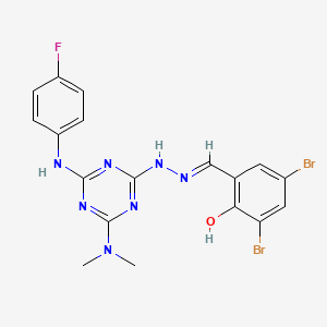 2,4-dibromo-6-[(E)-(2-{4-(dimethylamino)-6-[(4-fluorophenyl)amino]-1,3,5-triazin-2-yl}hydrazinylidene)methyl]phenol