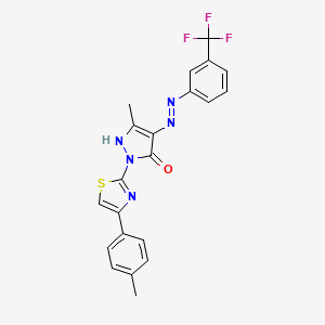 molecular formula C21H16F3N5OS B15042873 (4E)-5-methyl-2-[4-(4-methylphenyl)-1,3-thiazol-2-yl]-4-{2-[3-(trifluoromethyl)phenyl]hydrazinylidene}-2,4-dihydro-3H-pyrazol-3-one 