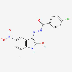 molecular formula C16H11ClN4O4 B15043945 4-chloro-N'-[(3Z)-7-methyl-5-nitro-2-oxo-1,2-dihydro-3H-indol-3-ylidene]benzohydrazide 