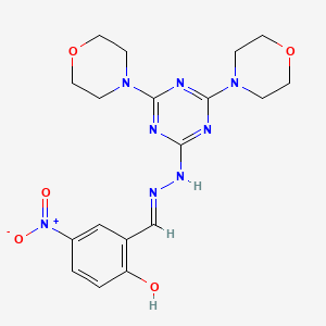 molecular formula C18H22N8O5 B15044200 2-[(E)-{2-[4,6-di(morpholin-4-yl)-1,3,5-triazin-2-yl]hydrazinylidene}methyl]-4-nitrophenol 