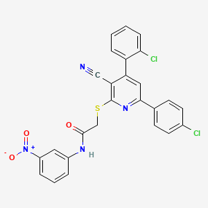 2-((4-(2-Chlorophenyl)-6-(4-chlorophenyl)-3-cyanopyridin-2-yl)thio)-N-(3-nitrophenyl)acetamide