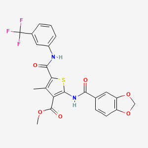 molecular formula C23H17F3N2O6S B15053831 Methyl 2-(benzo[d][1,3]dioxole-5-carboxamido)-4-methyl-5-((3-(trifluoromethyl)phenyl)carbamoyl)thiophene-3-carboxylate 