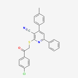 molecular formula C27H19ClN2OS B15054696 2-((2-(4-Chlorophenyl)-2-oxoethyl)thio)-6-phenyl-4-(p-tolyl)nicotinonitrile 