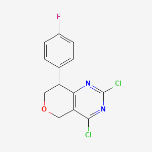 molecular formula C13H9Cl2FN2O B15059252 2,4-Dichloro-8-(4-fluorophenyl)-7,8-dihydro-5H-pyrano[4,3-D]pyrimidine 