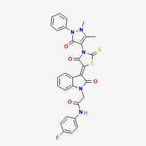 molecular formula C30H22FN5O4S2 B15080275 2-{(3Z)-3-[3-(1,5-dimethyl-3-oxo-2-phenyl-2,3-dihydro-1H-pyrazol-4-yl)-4-oxo-2-thioxo-1,3-thiazolidin-5-ylidene]-2-oxo-2,3-dihydro-1H-indol-1-yl}-N-(4-fluorophenyl)acetamide 