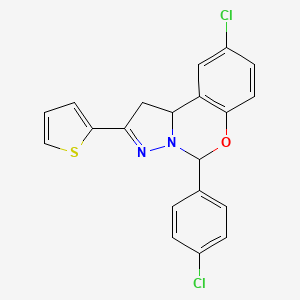 molecular formula C20H14Cl2N2OS B15080372 9-Chloro-5-(4-chlorophenyl)-2-(thiophen-2-yl)-1,10b-dihydropyrazolo[1,5-c][1,3]benzoxazine 