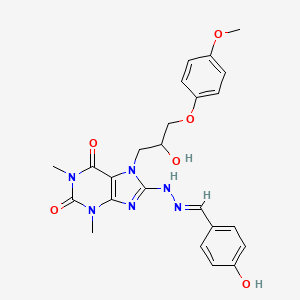 (E)-7-(2-hydroxy-3-(4-methoxyphenoxy)propyl)-8-(2-(4-hydroxybenzylidene)hydrazinyl)-1,3-dimethyl-1H-purine-2,6(3H,7H)-dione