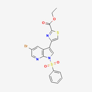 molecular formula C19H14BrN3O4S2 B1508280 2-Thiazolecarboxylic acid, 4-[5-bromo-1-(phenylsulfonyl)-1H-pyrrolo[2,3-b]pyridin-3-yl]-, ethyl ester 