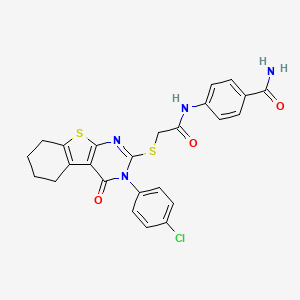 molecular formula C25H21ClN4O3S2 B15083126 4-[({[3-(4-Chlorophenyl)-4-oxo-3,4,5,6,7,8-hexahydro[1]benzothieno[2,3-d]pyrimidin-2-yl]sulfanyl}acetyl)amino]benzamide 