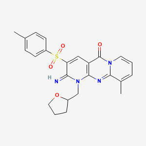 6-imino-11-methyl-5-(4-methylphenyl)sulfonyl-7-(oxolan-2-ylmethyl)-1,7,9-triazatricyclo[8.4.0.03,8]tetradeca-3(8),4,9,11,13-pentaen-2-one