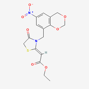 ethyl 2-[(2Z)-3-[(6-nitro-2,4-dihydro-1,3-benzodioxin-8-yl)methyl]-4-oxo-1,3-thiazolidin-2-ylidene]acetate