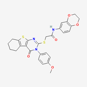 molecular formula C27H25N3O5S2 B15087027 N-(2,3-dihydro-1,4-benzodioxin-6-yl)-2-{[3-(4-methoxyphenyl)-4-oxo-3,4,5,6,7,8-hexahydro[1]benzothieno[2,3-d]pyrimidin-2-yl]sulfanyl}acetamide CAS No. 477330-72-6