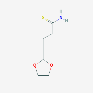 molecular formula C9H17NO2S B15093799 4-(1,3-Dioxolan-2-yl)-4-methylpentanethioamide 