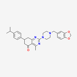 molecular formula C30H34N4O3 B15096106 2-[4-(1,3-benzodioxol-5-ylmethyl)piperazin-1-yl]-4-methyl-7-[4-(propan-2-yl)phenyl]-7,8-dihydroquinazolin-5(6H)-one 