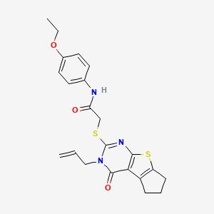 molecular formula C22H23N3O3S2 B15098016 N-(4-ethoxyphenyl)-2-(4-oxo-3-prop-2-enyl(3,5,6,7-tetrahydrocyclopenta[2,1-d]p yrimidino[4,5-b]thiophen-2-ylthio))acetamide 