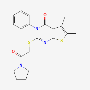 molecular formula C20H21N3O2S2 B15098584 5,6-dimethyl-2-{[2-oxo-2-(pyrrolidin-1-yl)ethyl]sulfanyl}-3-phenyl-3H,4H-thieno[2,3-d]pyrimidin-4-one 