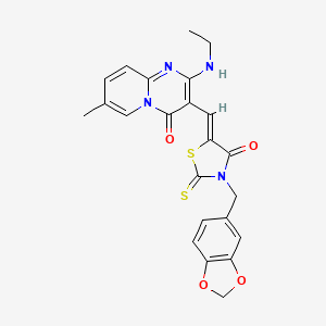 molecular formula C23H20N4O4S2 B15098731 3-{(Z)-[3-(1,3-benzodioxol-5-ylmethyl)-4-oxo-2-thioxo-1,3-thiazolidin-5-ylidene]methyl}-2-(ethylamino)-7-methyl-4H-pyrido[1,2-a]pyrimidin-4-one 