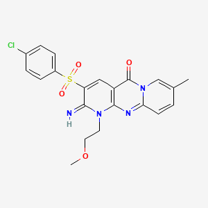 molecular formula C21H19ClN4O4S B15098963 3-[(4-Chlorophenyl)sulfonyl]-2-imino-1-(2-methoxyethyl)-8-methyl-1,6-dihydropy ridino[1,2-a]pyridino[2,3-d]pyrimidin-5-one 