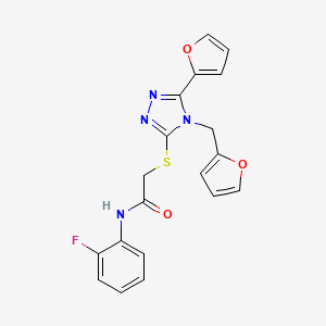 molecular formula C19H15FN4O3S B15099032 N-(2-fluorophenyl)-2-{[5-(furan-2-yl)-4-(furan-2-ylmethyl)-4H-1,2,4-triazol-3-yl]sulfanyl}acetamide 