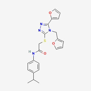 molecular formula C22H22N4O3S B15099259 2-{[5-(furan-2-yl)-4-(furan-2-ylmethyl)-4H-1,2,4-triazol-3-yl]sulfanyl}-N-[4-(propan-2-yl)phenyl]acetamide 