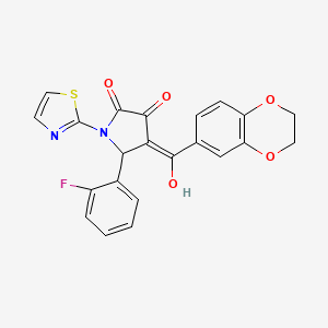 molecular formula C22H15FN2O5S B15099323 (4E)-4-[2,3-dihydro-1,4-benzodioxin-6-yl(hydroxy)methylidene]-5-(2-fluorophenyl)-1-(1,3-thiazol-2-yl)pyrrolidine-2,3-dione 