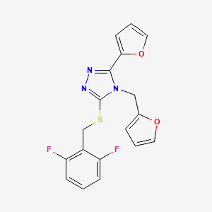 molecular formula C18H13F2N3O2S B15099453 3-[(2,6-difluorobenzyl)sulfanyl]-5-(furan-2-yl)-4-(furan-2-ylmethyl)-4H-1,2,4-triazole 