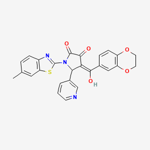 molecular formula C26H19N3O5S B15099464 (4E)-4-[2,3-dihydro-1,4-benzodioxin-6-yl(hydroxy)methylidene]-1-(6-methyl-1,3-benzothiazol-2-yl)-5-(pyridin-3-yl)pyrrolidine-2,3-dione 