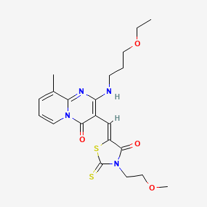 molecular formula C21H26N4O4S2 B15100506 2-[(3-ethoxypropyl)amino]-3-{(Z)-[3-(2-methoxyethyl)-4-oxo-2-thioxo-1,3-thiazolidin-5-ylidene]methyl}-9-methyl-4H-pyrido[1,2-a]pyrimidin-4-one 