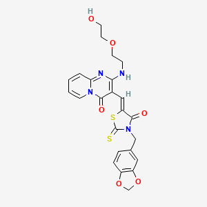 molecular formula C24H22N4O6S2 B15100746 3-{(Z)-[3-(1,3-benzodioxol-5-ylmethyl)-4-oxo-2-thioxo-1,3-thiazolidin-5-ylidene]methyl}-2-{[2-(2-hydroxyethoxy)ethyl]amino}-4H-pyrido[1,2-a]pyrimidin-4-one 