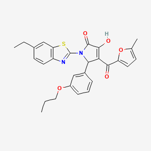 molecular formula C28H26N2O5S B15100848 (4E)-1-(6-ethyl-1,3-benzothiazol-2-yl)-4-[hydroxy(5-methylfuran-2-yl)methylidene]-5-(3-propoxyphenyl)pyrrolidine-2,3-dione 