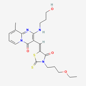 molecular formula C21H26N4O4S2 B15101153 3-{(Z)-[3-(3-ethoxypropyl)-4-oxo-2-thioxo-1,3-thiazolidin-5-ylidene]methyl}-2-[(3-hydroxypropyl)amino]-9-methyl-4H-pyrido[1,2-a]pyrimidin-4-one 