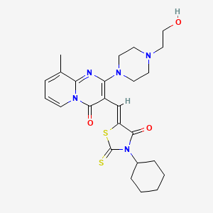 molecular formula C25H31N5O3S2 B15101460 3-[(Z)-(3-cyclohexyl-4-oxo-2-thioxo-1,3-thiazolidin-5-ylidene)methyl]-2-[4-(2-hydroxyethyl)piperazin-1-yl]-9-methyl-4H-pyrido[1,2-a]pyrimidin-4-one 