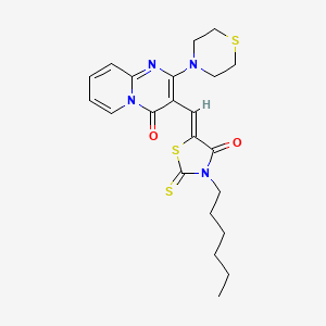 molecular formula C22H26N4O2S3 B15101621 3-[(Z)-(3-hexyl-4-oxo-2-thioxo-1,3-thiazolidin-5-ylidene)methyl]-2-(thiomorpholin-4-yl)-4H-pyrido[1,2-a]pyrimidin-4-one 