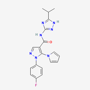 molecular formula C19H18FN7O B15101692 1-(4-fluorophenyl)-N-[3-(propan-2-yl)-1H-1,2,4-triazol-5-yl]-5-(1H-pyrrol-1-yl)-1H-pyrazole-4-carboxamide 