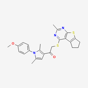 molecular formula C25H25N3O2S2 B15101880 1-[1-(4-methoxyphenyl)-2,5-dimethyl-1H-pyrrol-3-yl]-2-({10-methyl-7-thia-9,11-diazatricyclo[6.4.0.0^{2,6}]dodeca-1(12),2(6),8,10-tetraen-12-yl}sulfanyl)ethan-1-one 