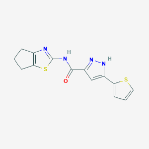 molecular formula C14H12N4OS2 B15102388 N-(5,6-dihydro-4H-cyclopenta[d][1,3]thiazol-2-yl)-5-(thiophen-2-yl)-1H-pyrazole-3-carboxamide 