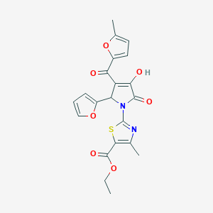 molecular formula C21H18N2O7S B15102900 ethyl 2-{(3E)-2-(furan-2-yl)-3-[hydroxy(5-methylfuran-2-yl)methylidene]-4,5-dioxopyrrolidin-1-yl}-4-methyl-1,3-thiazole-5-carboxylate 