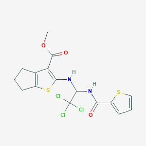 molecular formula C16H15Cl3N2O3S2 B15103943 methyl 2-({2,2,2-trichloro-1-[(thiophen-2-ylcarbonyl)amino]ethyl}amino)-5,6-dihydro-4H-cyclopenta[b]thiophene-3-carboxylate 