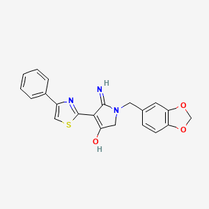 molecular formula C21H17N3O3S B15106274 1-(1,3-benzodioxol-5-ylmethyl)-5-imino-4-(4-phenyl-1,3-thiazol-2-yl)-2,5-dihydro-1H-pyrrol-3-ol 