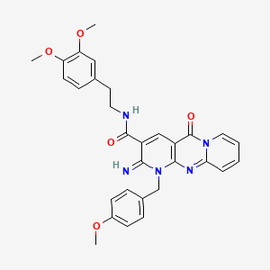 N-[2-(3,4-dimethoxyphenyl)ethyl]-6-imino-7-[(4-methoxyphenyl)methyl]-2-oxo-1,7,9-triazatricyclo[8.4.0.03,8]tetradeca-3(8),4,9,11,13-pentaene-5-carboxamide