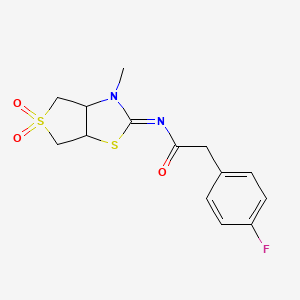 molecular formula C14H15FN2O3S2 B15106750 2-(4-fluorophenyl)-N-[(2Z)-3-methyl-5,5-dioxidotetrahydrothieno[3,4-d][1,3]thiazol-2(3H)-ylidene]acetamide 