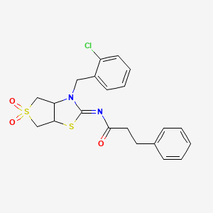 molecular formula C21H21ClN2O3S2 B15107128 N-[(2E)-3-(2-chlorobenzyl)-5,5-dioxidotetrahydrothieno[3,4-d][1,3]thiazol-2(3H)-ylidene]-3-phenylpropanamide 