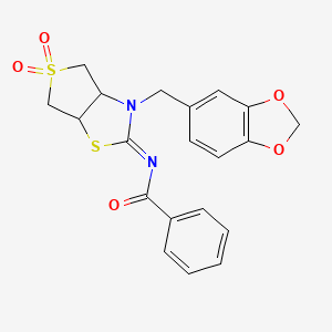 molecular formula C20H18N2O5S2 B15107731 N-[(2E)-3-(1,3-benzodioxol-5-ylmethyl)-5,5-dioxidotetrahydrothieno[3,4-d][1,3]thiazol-2(3H)-ylidene]benzamide 