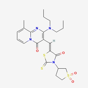 molecular formula C23H28N4O4S3 B15108232 3-{(Z)-[3-(1,1-dioxidotetrahydrothiophen-3-yl)-4-oxo-2-thioxo-1,3-thiazolidin-5-ylidene]methyl}-2-(dipropylamino)-9-methyl-4H-pyrido[1,2-a]pyrimidin-4-one 