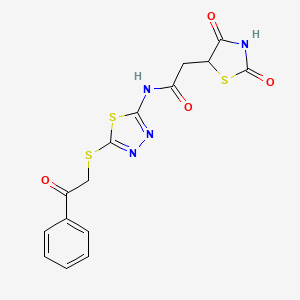 molecular formula C15H12N4O4S3 B15108422 2-(2,4-dioxo-1,3-thiazolidin-5-yl)-N-{5-[(2-oxo-2-phenylethyl)sulfanyl]-1,3,4-thiadiazol-2-yl}acetamide 