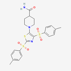 molecular formula C23H25N3O5S3 B15108562 4-Piperidinecarboxamide, 1-[2,4-bis[(4-methylphenyl)sulfonyl]-5-thiazolyl]- CAS No. 1018053-49-0