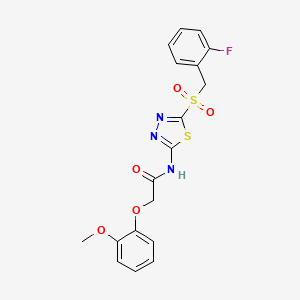 molecular formula C18H16FN3O5S2 B15108928 N-(5-((2-fluorobenzyl)sulfonyl)-1,3,4-thiadiazol-2-yl)-2-(2-methoxyphenoxy)acetamide 