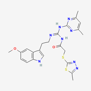 molecular formula C23H26N8O2S2 B15109249 N-[(E)-[(4,6-dimethylpyrimidin-2-yl)amino]{[2-(5-methoxy-1H-indol-3-yl)ethyl]amino}methylidene]-2-[(5-methyl-1,3,4-thiadiazol-2-yl)sulfanyl]acetamide 